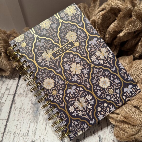 Floral Notebook Spiral Bound Blue and Gold Floral Pattern - Picture 1 of 2
